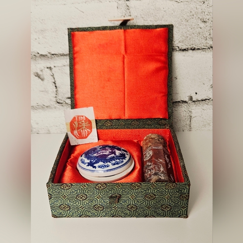 Vintage Chinese Soapstone Dragon Seal Stamp w Ink Box Set
